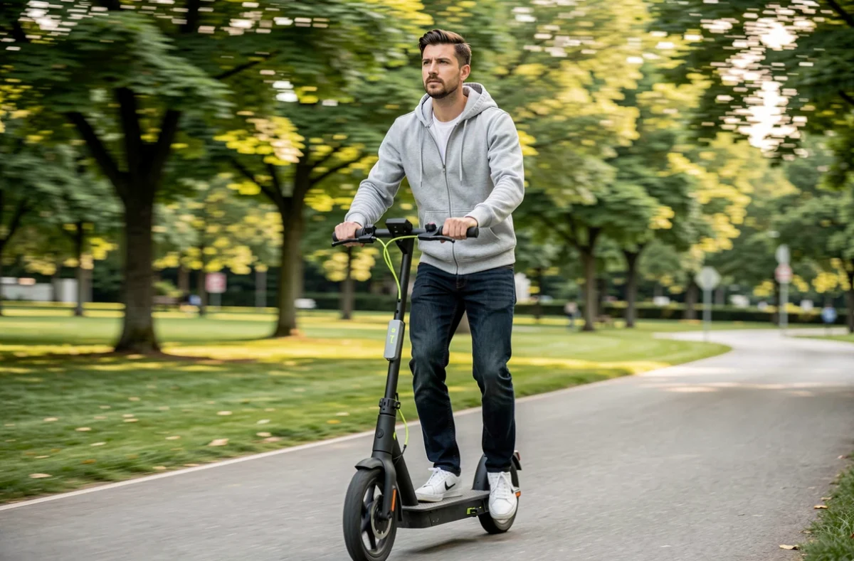 Homme en train de conduire une trottinette électrique Lidl sur une piste cyclable en ville