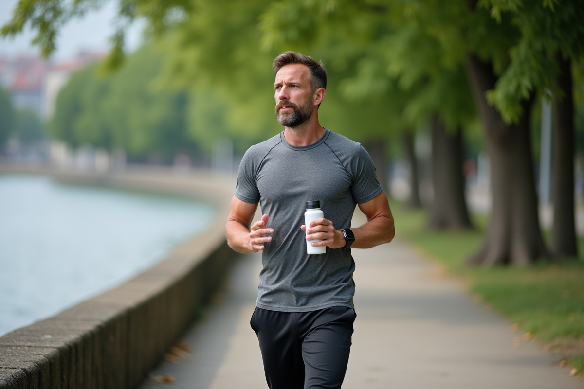 Homme courant au bord de la rivière avec paysage urbain