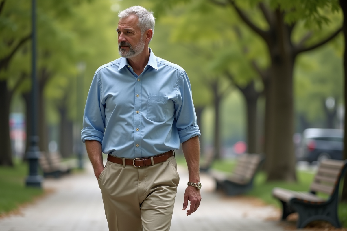 Homme décontracté marchant dans un parc urbain en chinos
