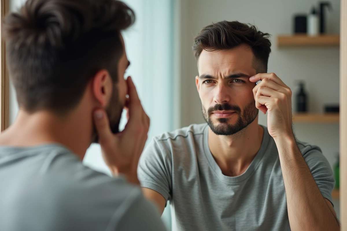 Homme examinant son cuir chevelu avec un dermaroller devant un miroir de salle de bain moderne