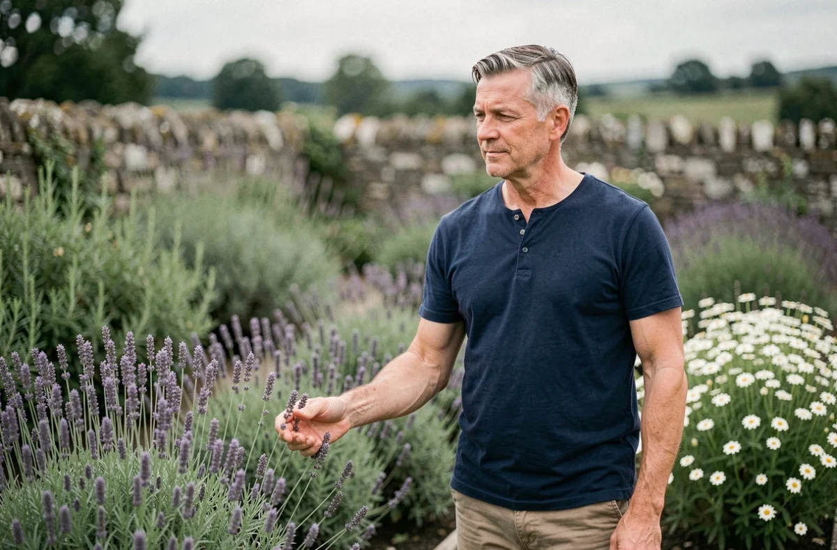 Homme dans un jardin de plantes médicinales touchant du lavande, symbolisant la connexion entre nature et bien-être