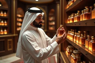 Homme élégant en kandura blanc tenant un flacon de parfum oud Abdul Samad dans une parfumerie arabique luxueuse