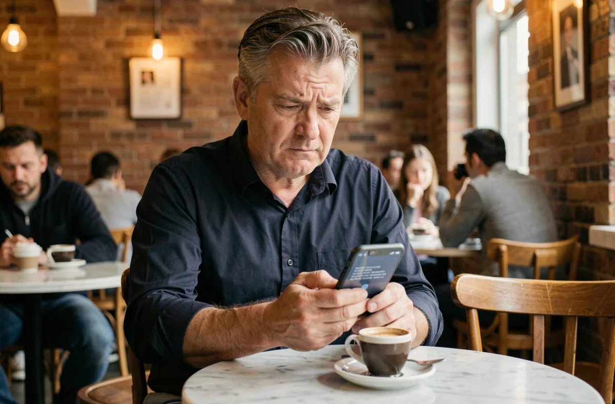Homme lisant des avis négatifs sur Chogan sur son smartphone dans un café urbain