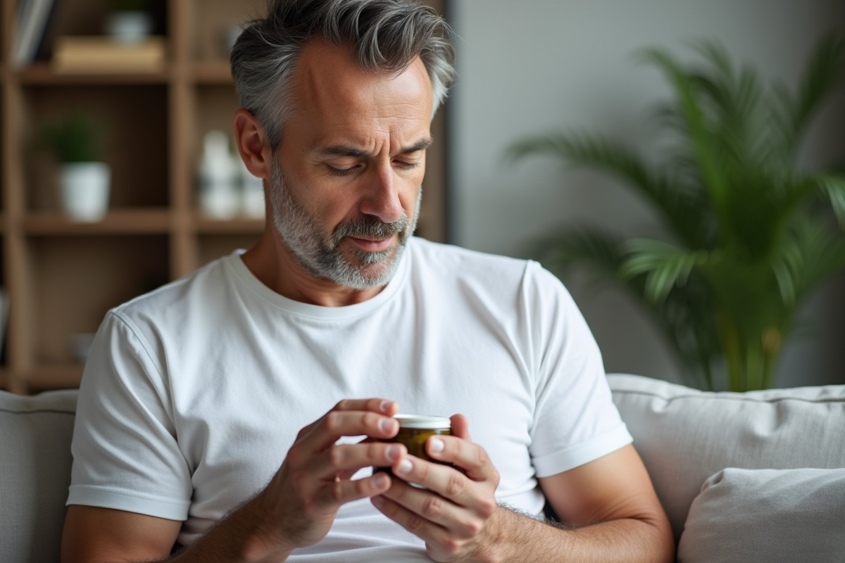 Homme lisant étiquette crème anti-âge dans salon