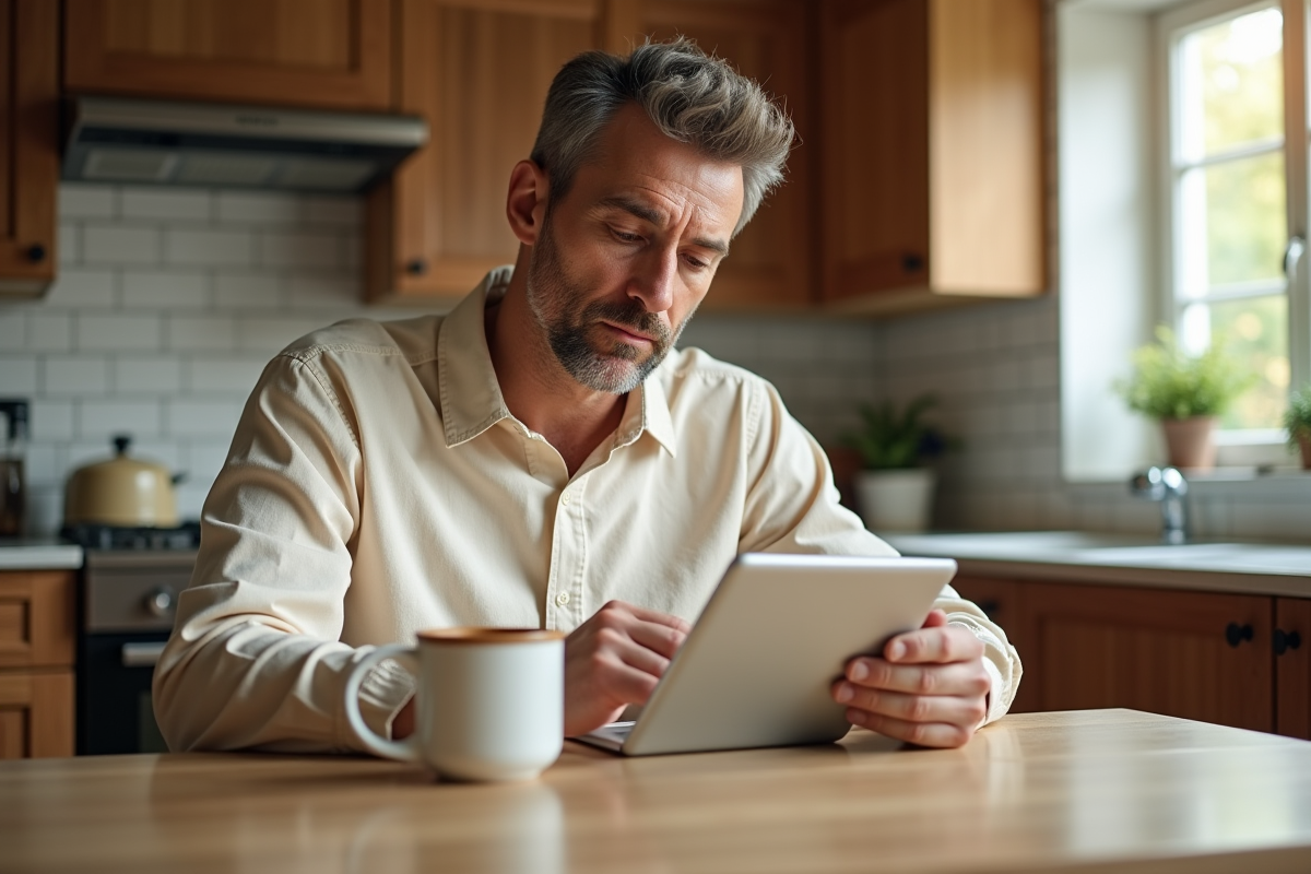 Homme lisant des avis sur une crème dans une cuisine chaleureuse