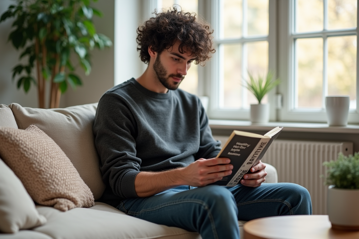 Jeune homme lisant un guide sur la routine capillaire