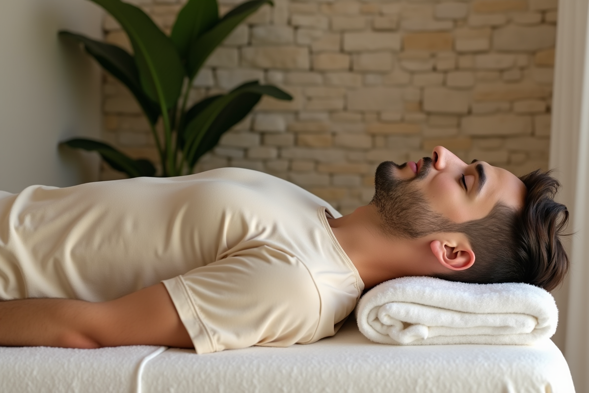 Homme allongé sur un lit de massage dans un spa naturel