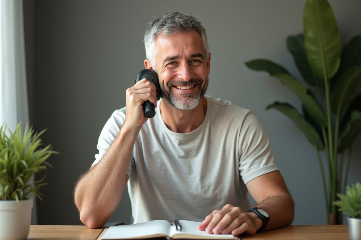Homme utilisant un masseur facial dans un bureau