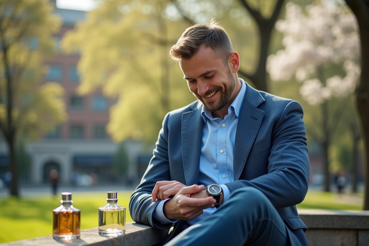 Homme testant un parfum dans un parc ensoleille
