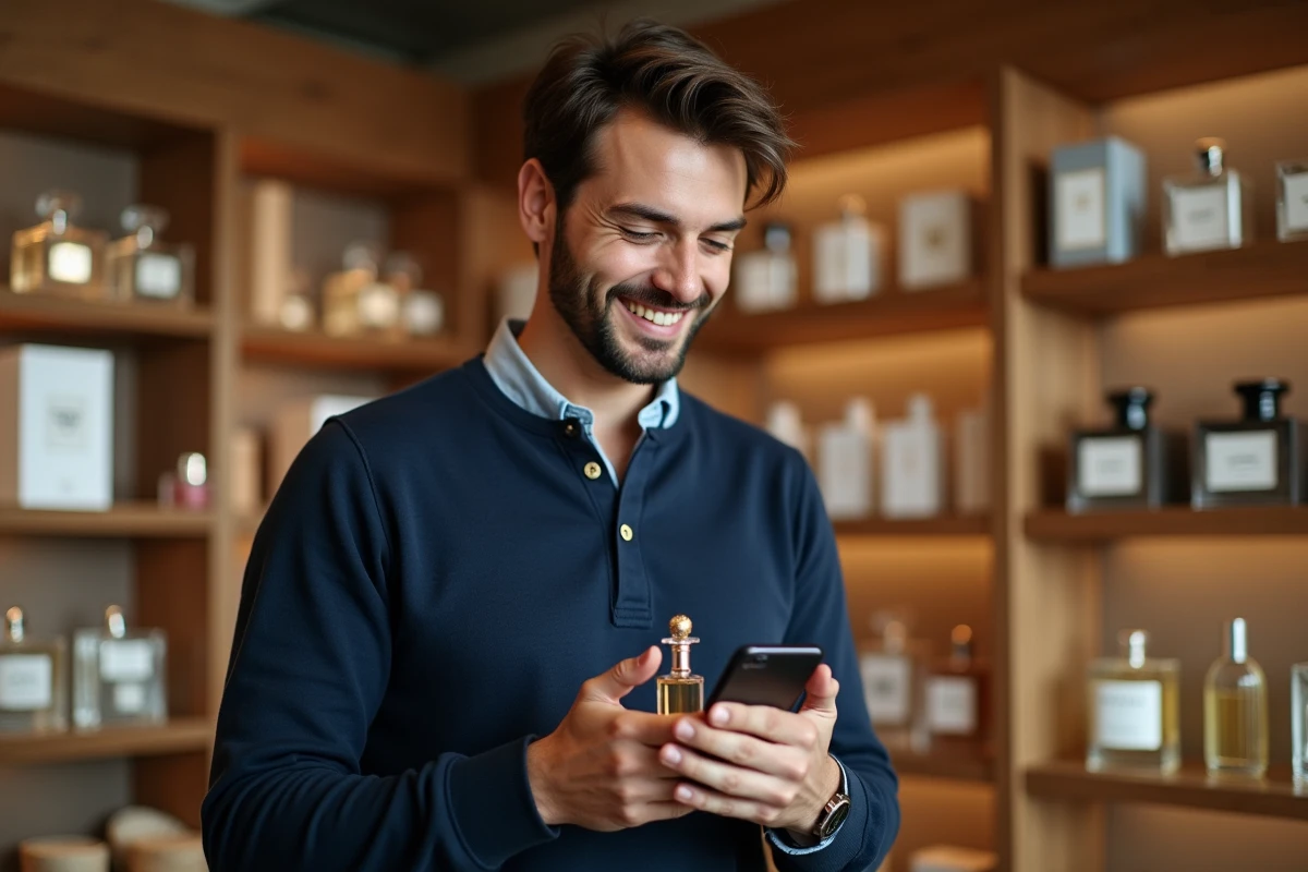 Homme en parfumerie consultant une application de wishlist parfums sur smartphone entouré de flacons sur des étagères en bois
