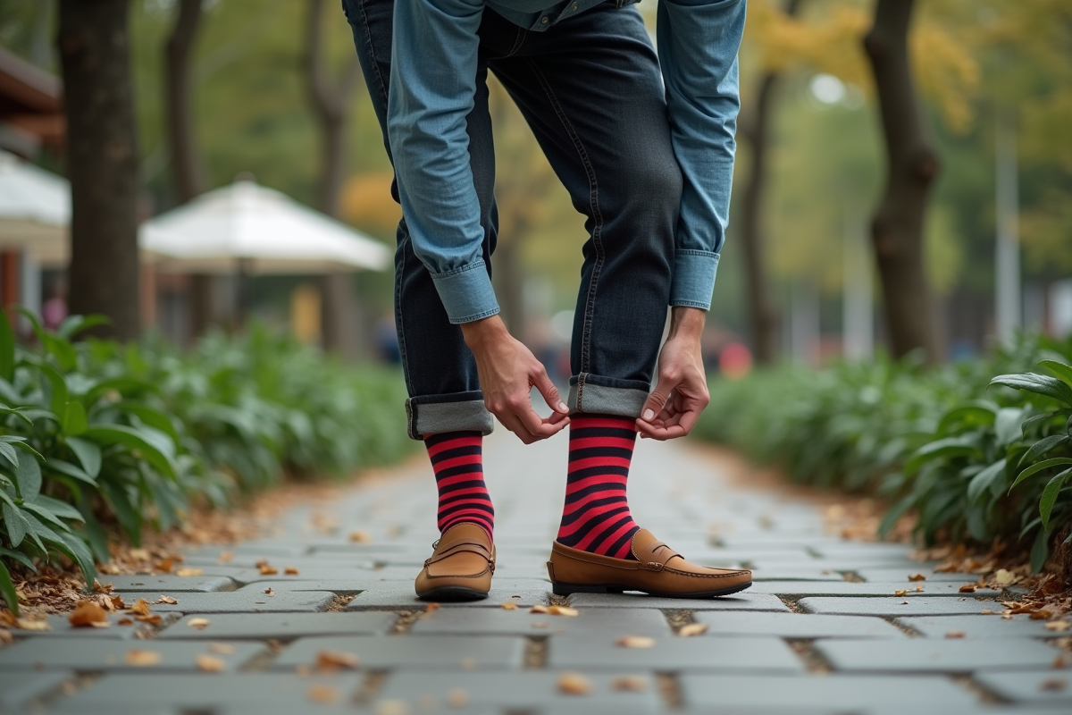 Homme ajustant ses chaussettes à rayures dans un parc urbain