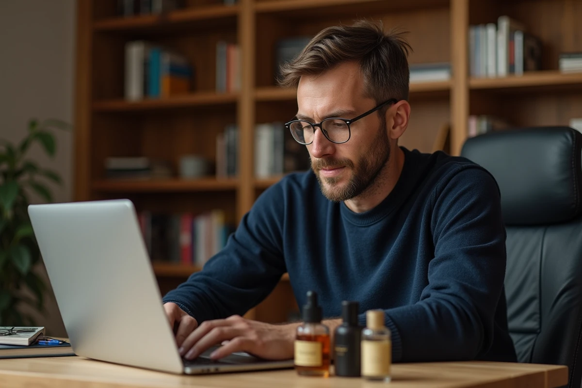 Homme recherchant des dupes de parfum sur ordinateur portable avec flacons disposés sur bureau