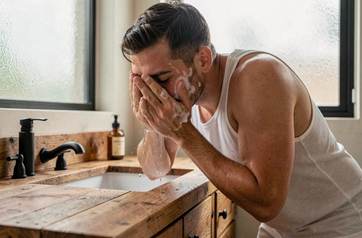 Homme se rinçant le visage avec du savon noir dans une salle de bain en bois naturel