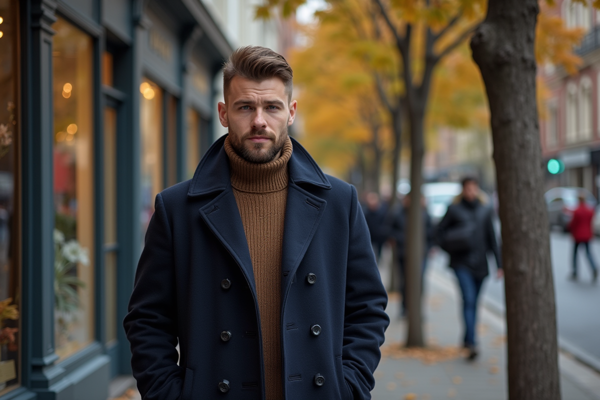 Homme en manteau dans la rue avec reflet de coiffure