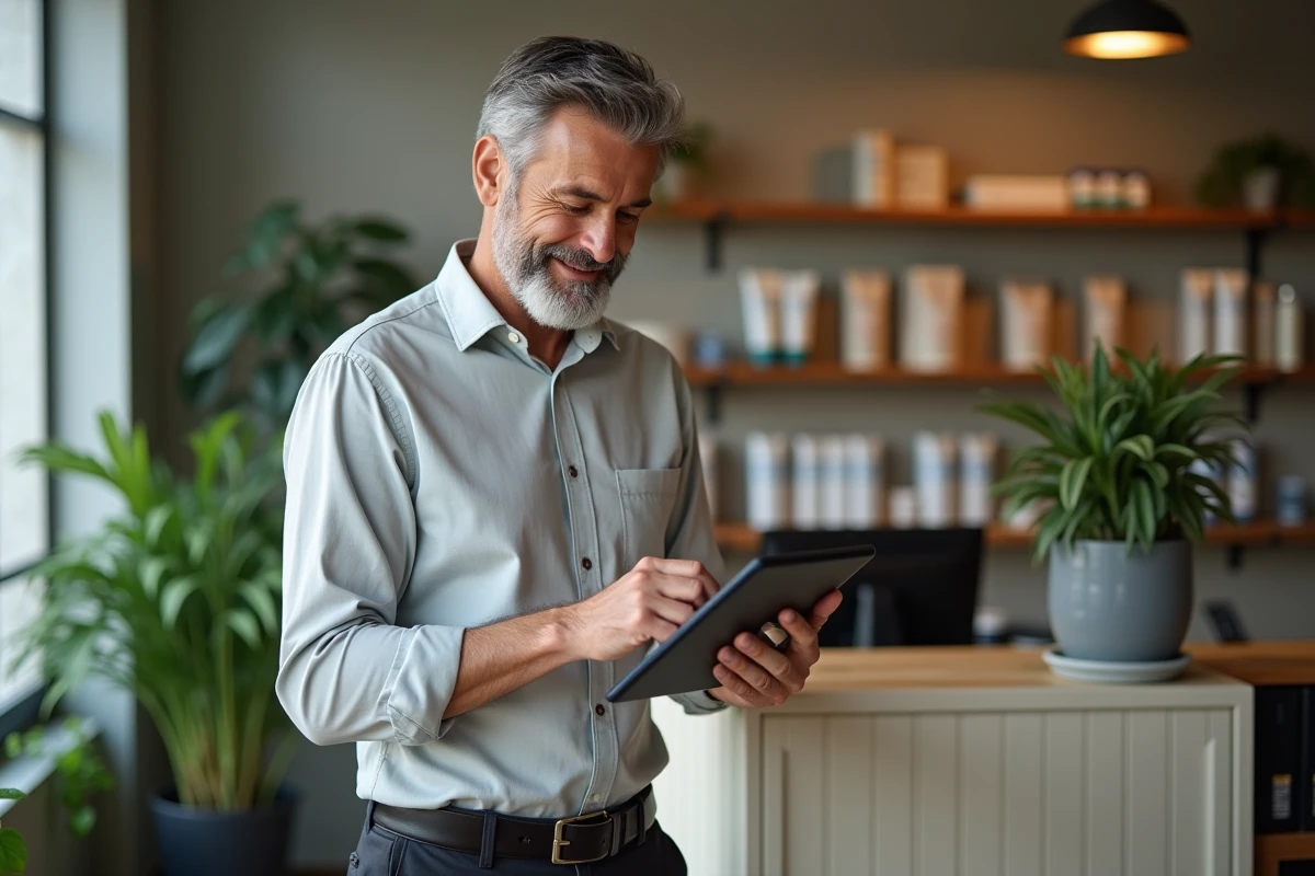 Homme en salon de coiffure saisit un rendez-vous sur une tablette