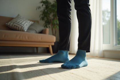 Homme élégant dans un salon lumineux avec chaussettes bleues