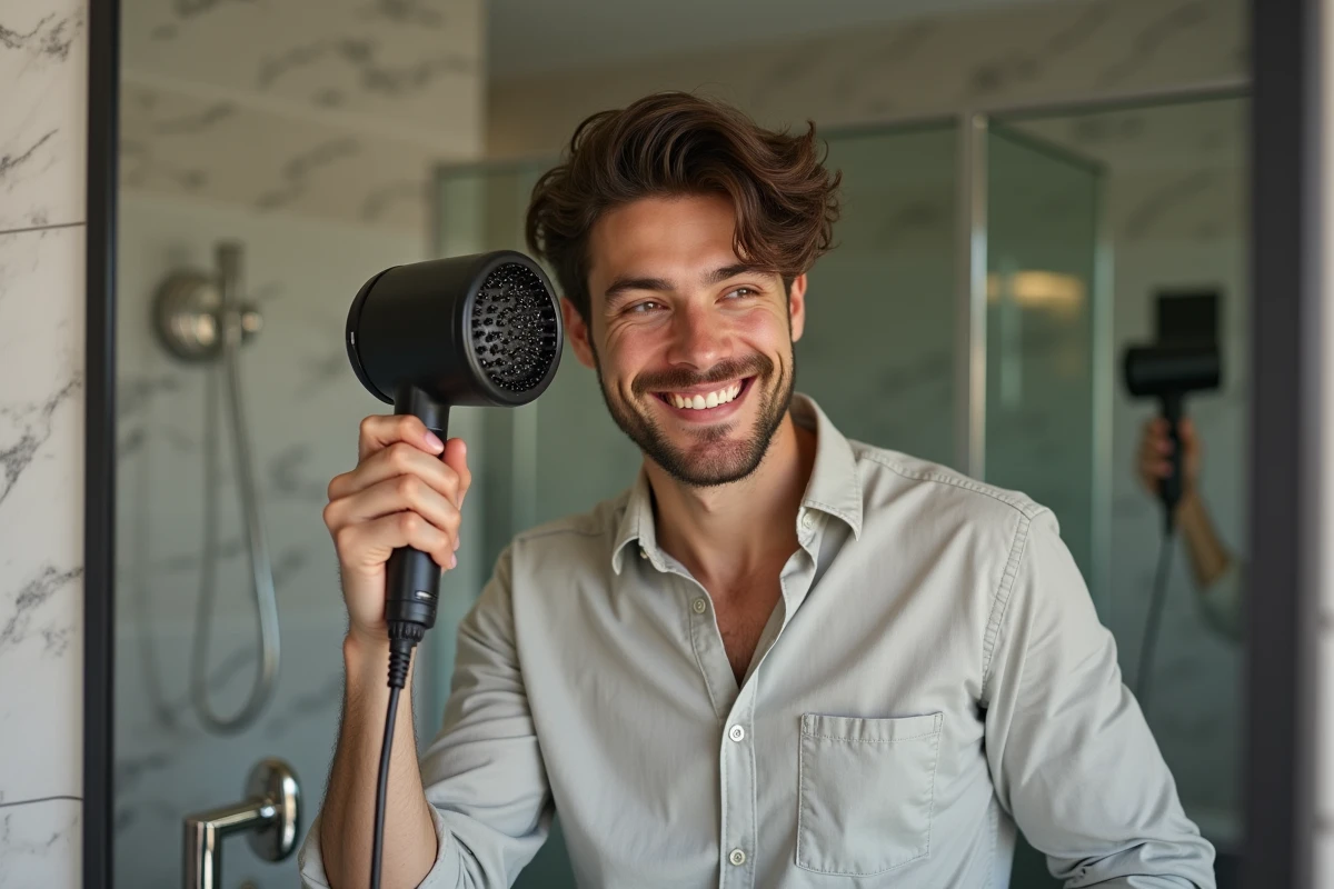 Homme coiffant ses cheveux avec un sèche-cheveux dans la salle de bain