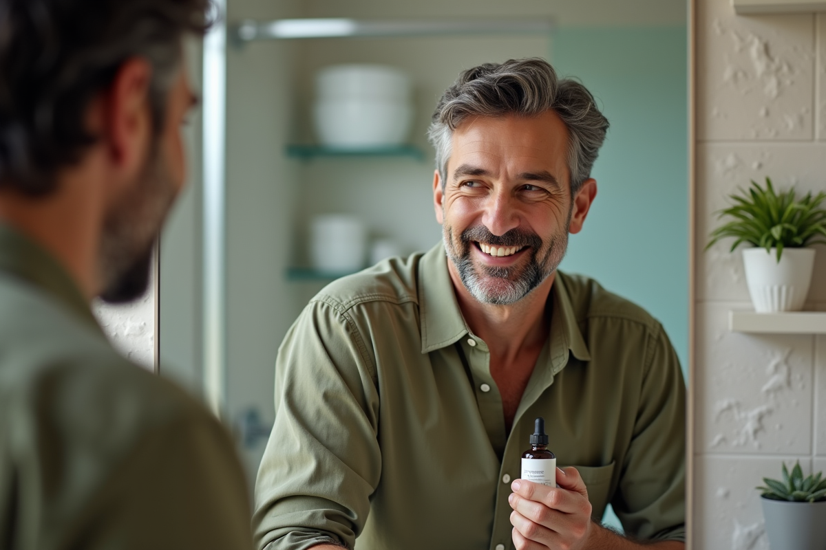 Homme regardant son visage dans le miroir de la salle de bain