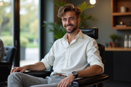 Jeune homme souriant dans un salon de coiffure moderne