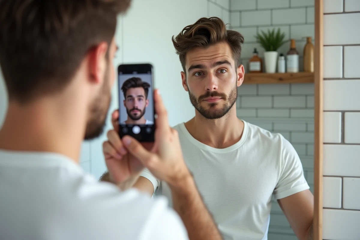 Jeune homme testant virtuellement différentes coupes de cheveux courtes via une application sur son smartphone devant le miroir de sa salle de bain