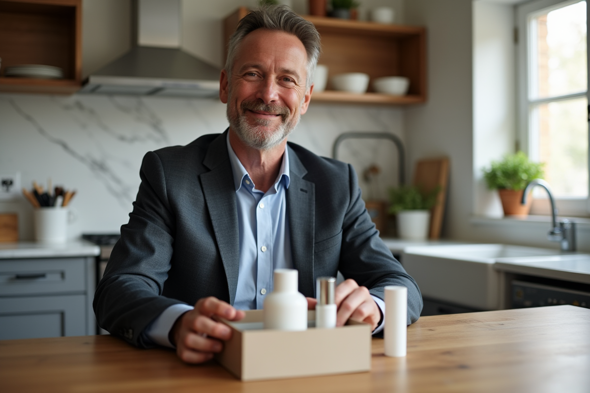 Homme déballant des produits de beauté à la maison