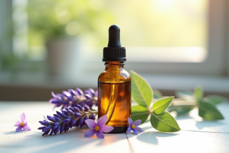 Petite bouteille d'huile essentielle d'ambre avec goutte à goutte entourée de lavande et eucalyptus