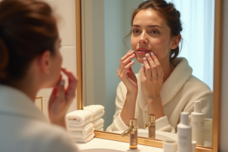 Mains d'une femme appliquant un serum hydratant sur son visage