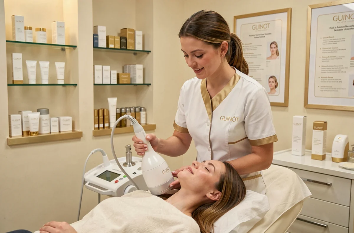 Esthéticienne utilisant un appareil de soin professionnel Guinot sur le visage d'une cliente dans l'institut Guinot à Colombes