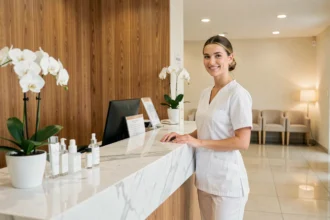 Réception élégante d'un institut de beauté en Essonne avec comptoir en marbre et esthéticienne en blouse blanche