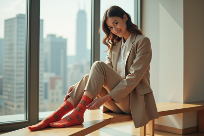 Jeune femme en blazer et chaussettes colorées dans un appartement