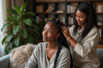 Jeune femme noire se faisant coiffer par une styliste dans un salon chaleureux