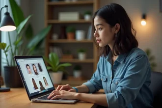 Jeune femme au bureau regardant un ordinateur portable