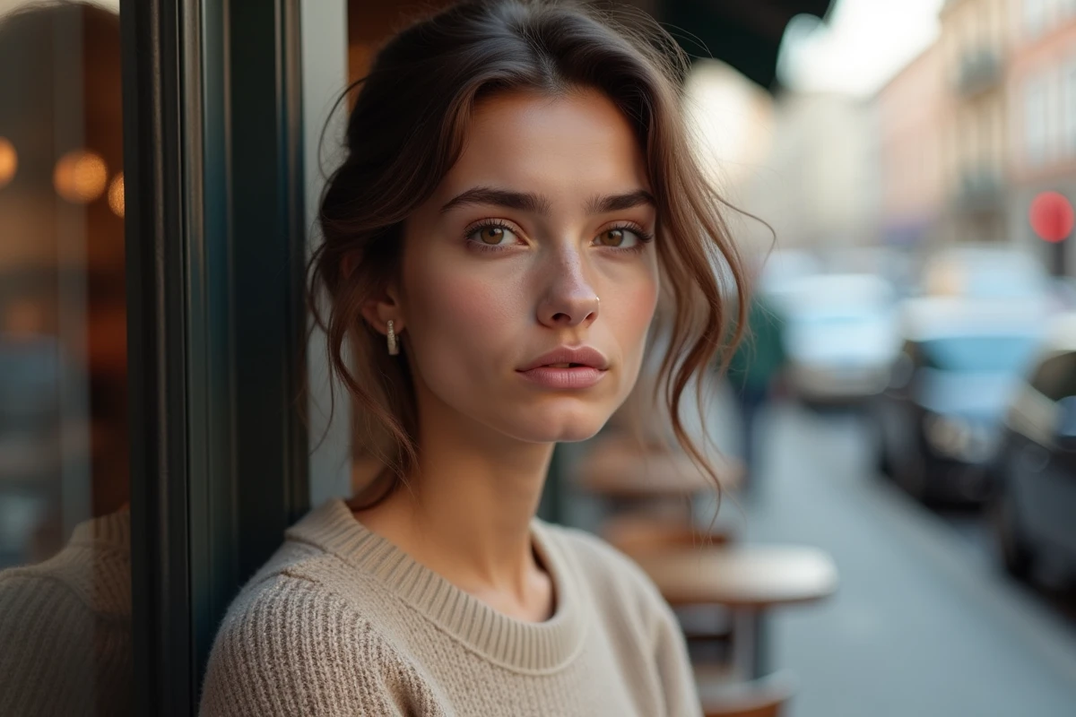 Jeune femme dans un café avec vue urbaine en arrière-plan