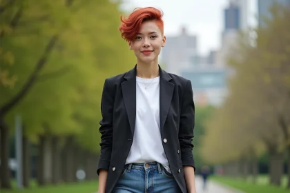 Jeune femme avec coupe wolfcut rouge vif en extérieur