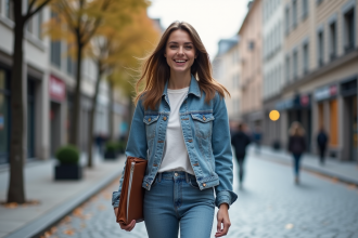 Jeune femme urbaine marchant dans la ville avec un portfolio