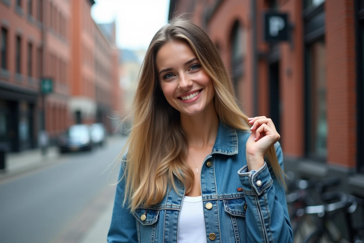Jeune femme en jean dans une rue urbaine ensoleillee