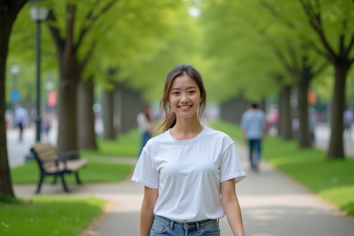 Jeune femme en t-shirt blanc dans un parc vert en plein air