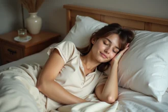 Jeune femme en pyjama beige dormant paisiblement dans une chambre chaleureuse