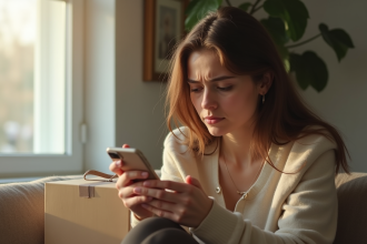 Jeune femme inquiète vérifiant son téléphone et son colis Vinted
