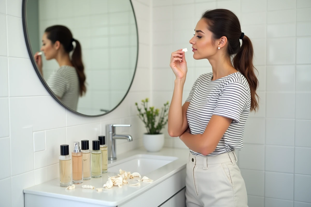 Jeune femme testant des dupes de parfum avec des bandelettes olfactives dans sa salle de bain