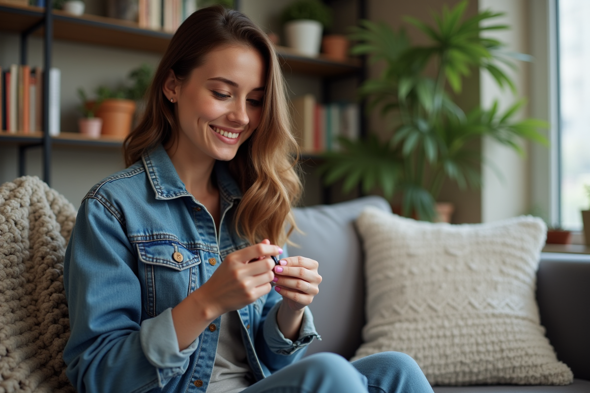 Jeune femme appliquant du vernis semi-permanent à la maison