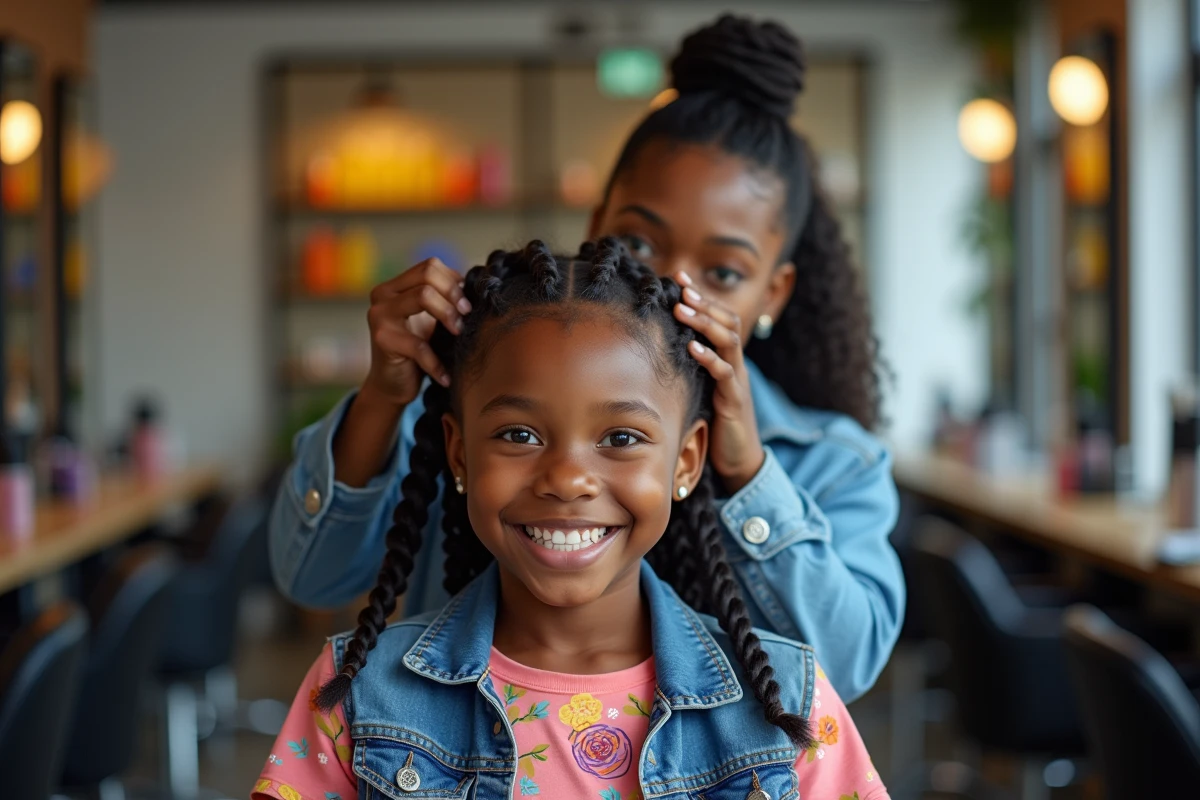 Adolescente noire souriante avec une styliste dans un salon moderne