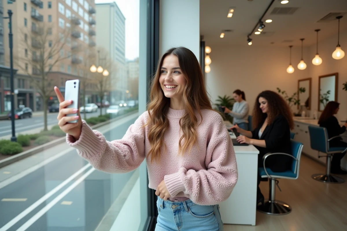 Jeune femme prenant un selfie devant une vitrine de salon