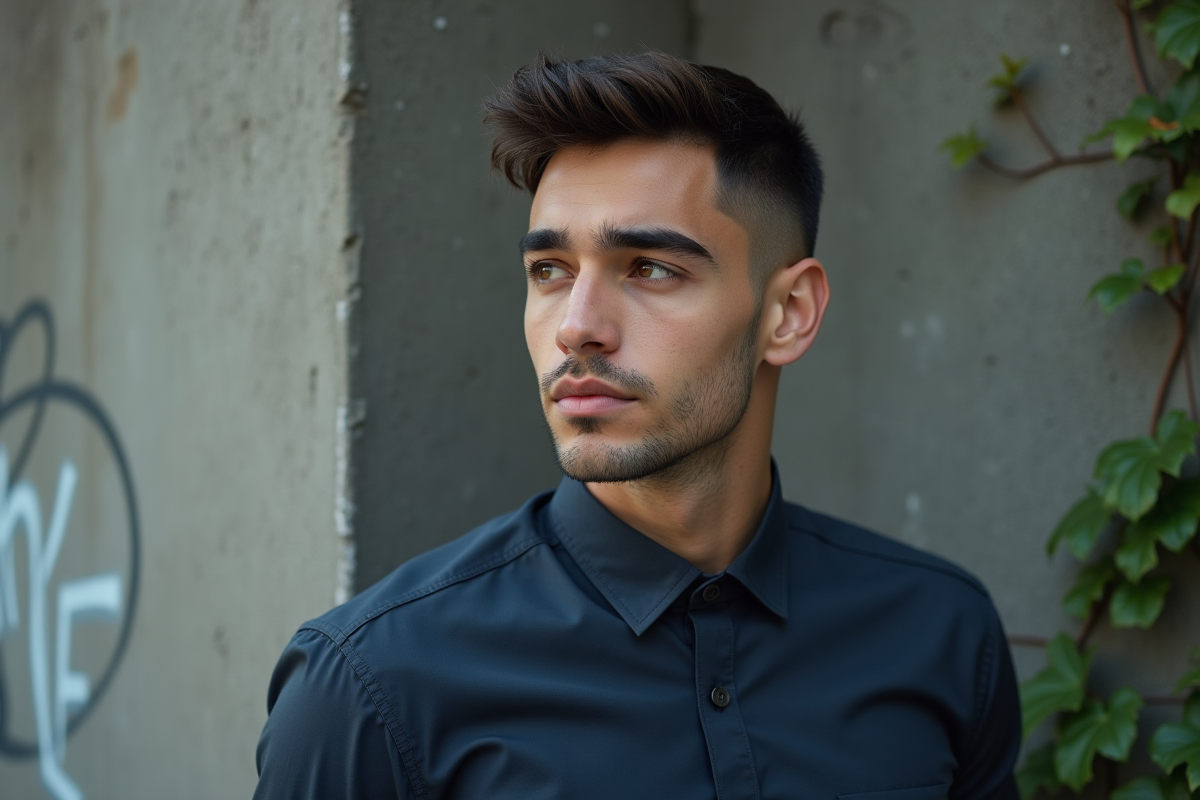Jeune homme avec maquillage permanent dans un décor urbain