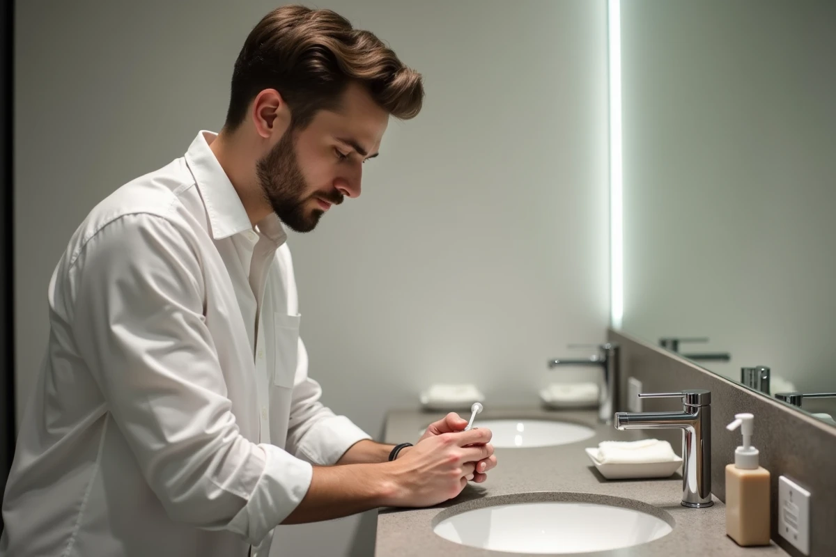 Jeune homme se limant les ongles dans une salle de bain moderne
