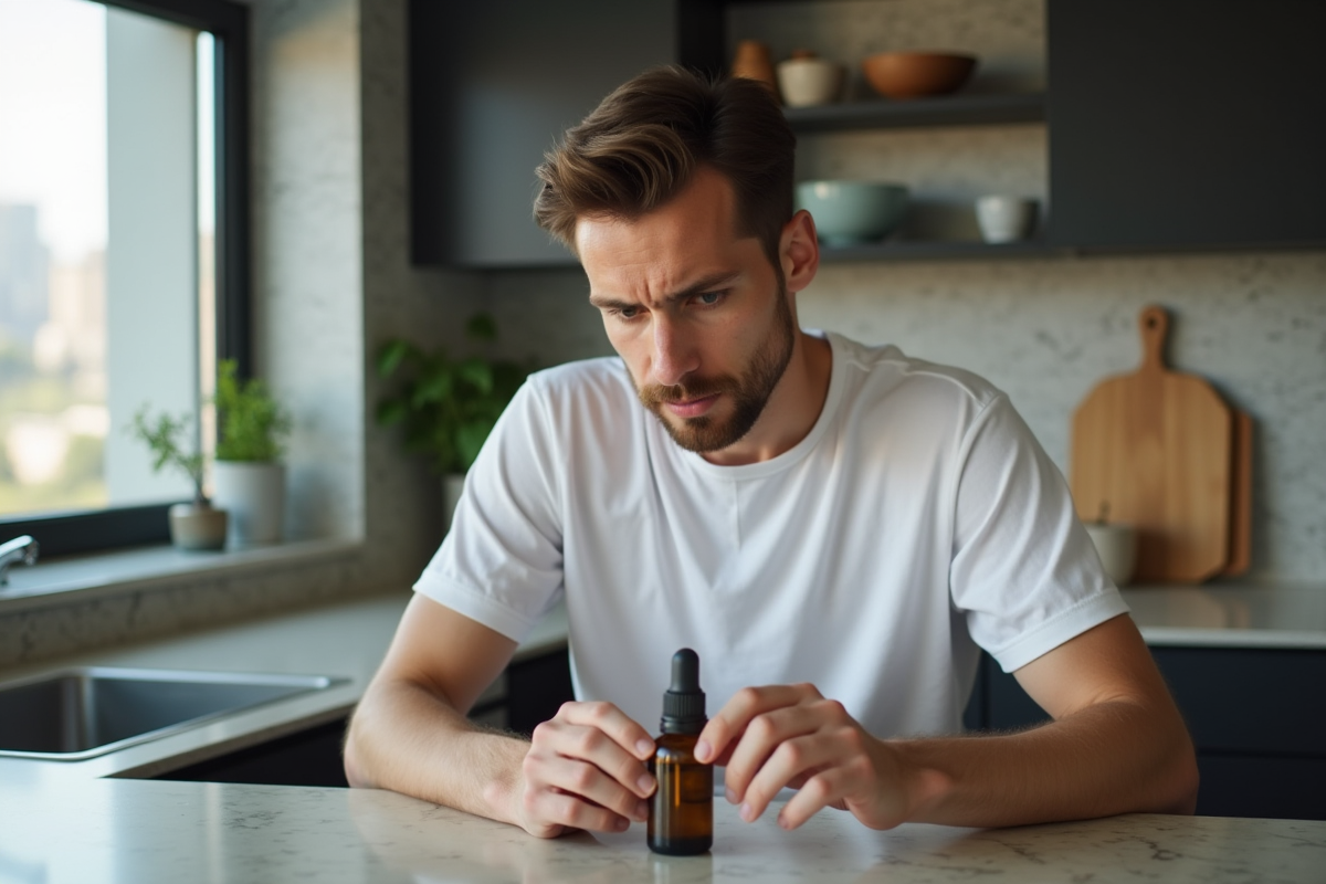 Jeune homme examinant une bouteille d