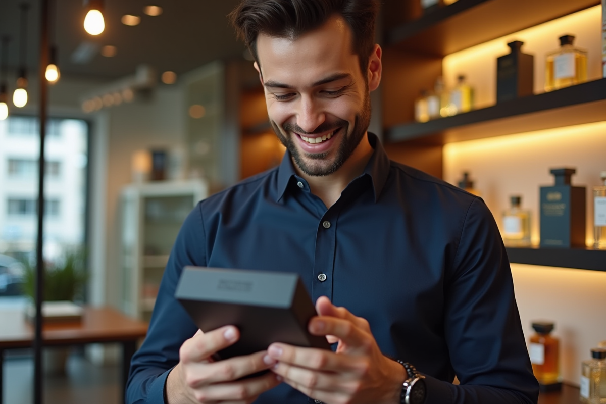 Jeune homme dans boutique parfum lisant avis sur smartphone