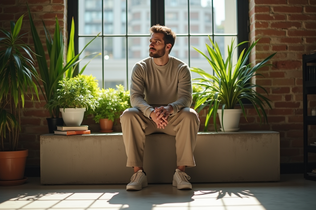 Jeune homme assis dans un loft lumineux avec plantes vertes