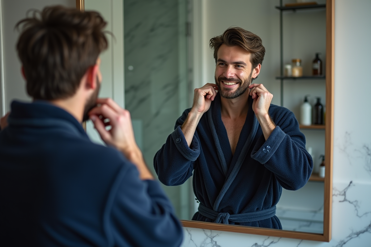 Jeune homme se coiffant devant le miroir de la salle de bain
