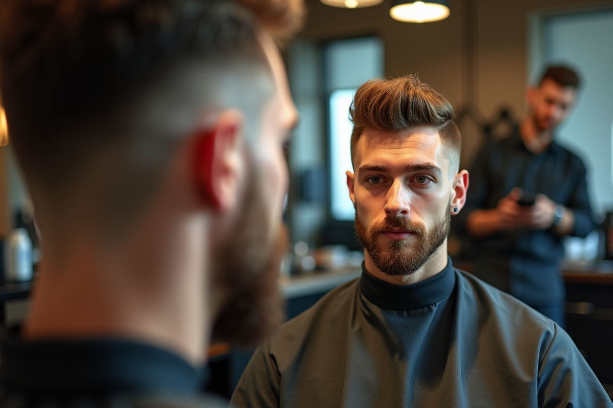 Jeune homme admirant sa coupe dans un miroir lumineux